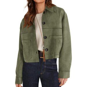 Women's Faux Suede Cropped Jacket Casual Lightweight Spring Outerwear Army Green